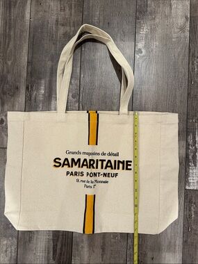 Paris Pont-Neuf Cream Canvas Tote with Yellow Stripe